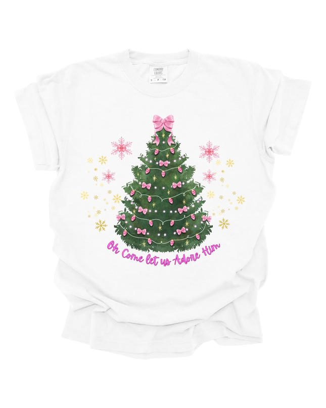 LET US ADORE HIM WOMENS CHRISTMAS TEE